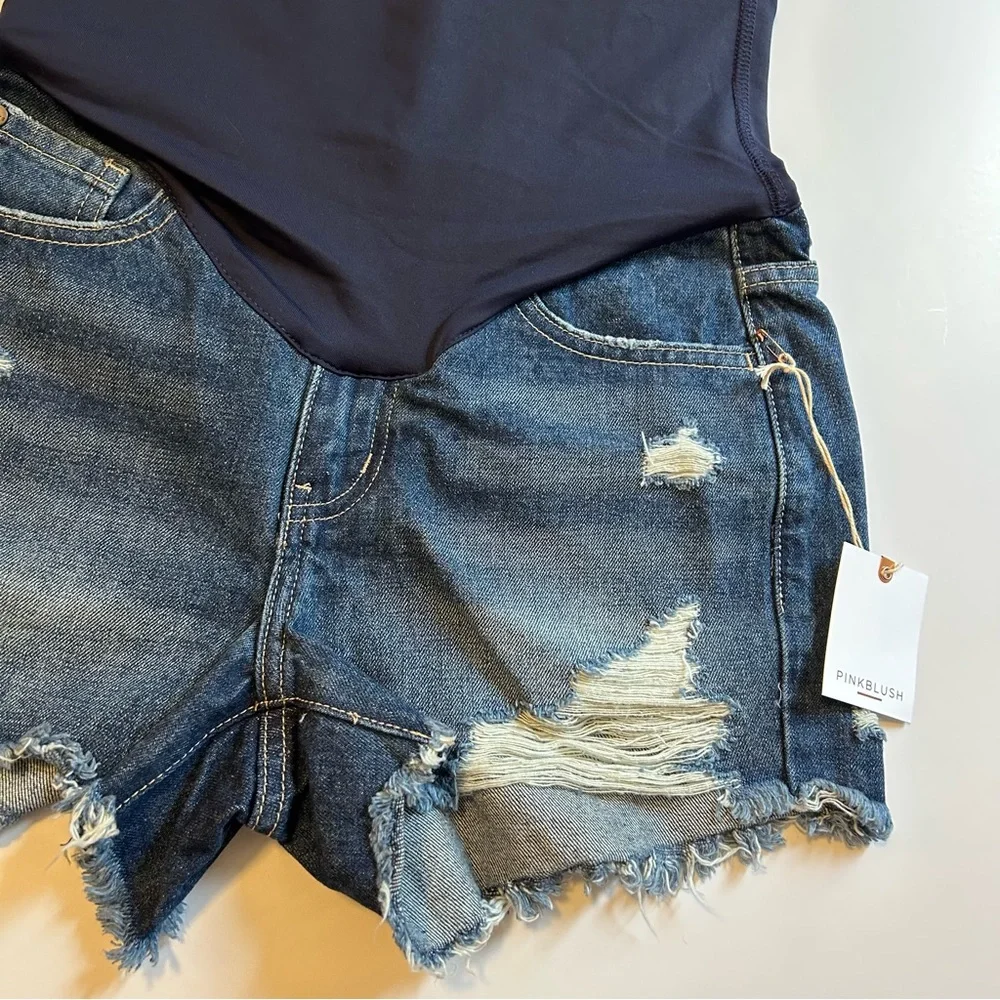 Pinkblush Dark Wash Distressed Raw Hem Maternity Full Panel Shorts - Picture 5 of 8